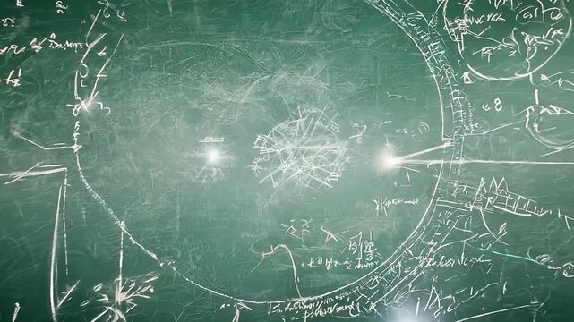 Formulas and symbols of mathematics drawn with chalk on a green board.
