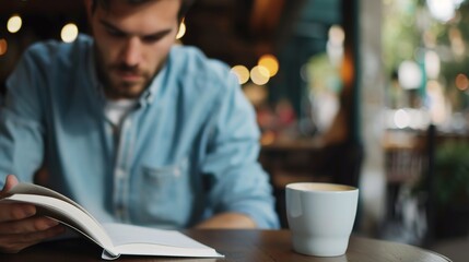 Fototapeta premium Serene Moment: Handsome Young Man Immersed in Book at Calm Cafe with Coffee on Table