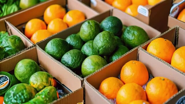 Close-up of fresh green limes and oranges in cardboard boxes.