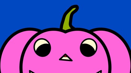 Cute Cartoon A Big Pink Halloween Pumpkin Half Face On Blue Screen Background. Digital Art, Procreate Pocket