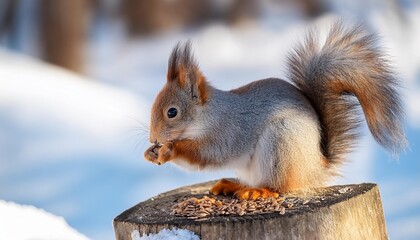 a cute grey red squirrel sits on a stump and eats seeds on a sunny winter day