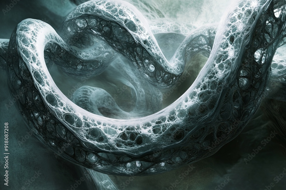 Poster intricate hydrocarbon chains twist and turn in a surreal, atmospheric backdrop showcasing fluid moti