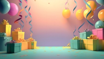 3D rendering of a festive gift box surrounded by colorful balloons and small boxes. Decorate for holiday celebrations.