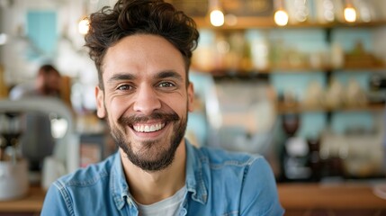 Fototapeta premium Smiling Man Relaxing with Coffee in Charming Vintage Cafe with Retro Decor