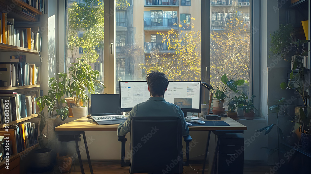 Poster man working at a desk with a laptop and two monitors.