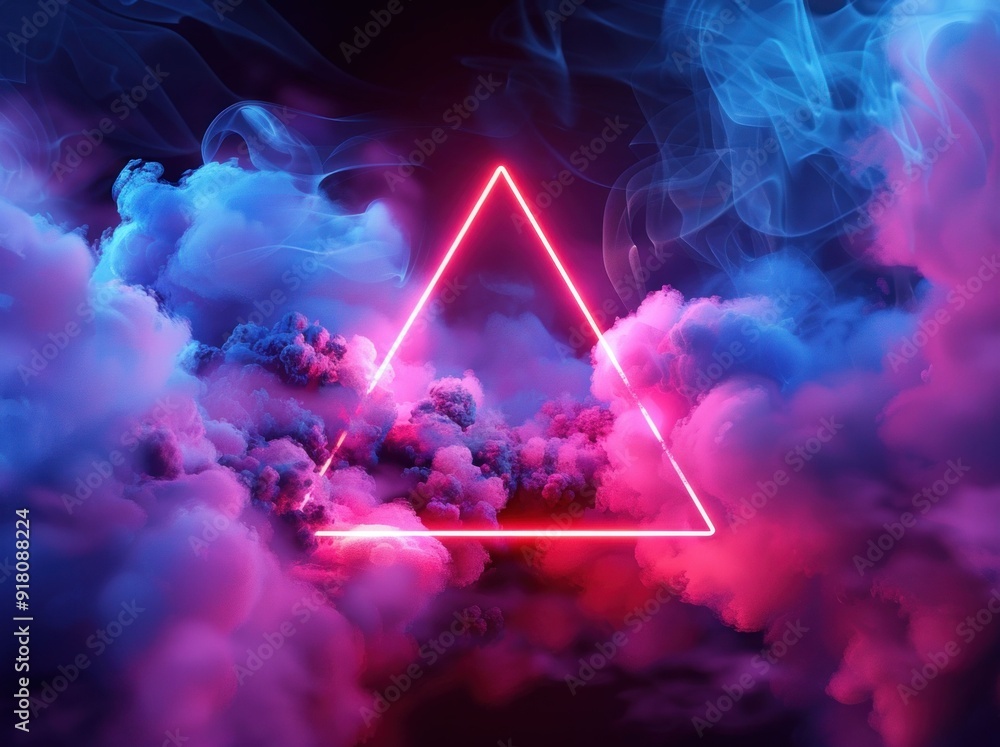 Poster neon triangle surrounded by colorful smoke and clouds in a dark background