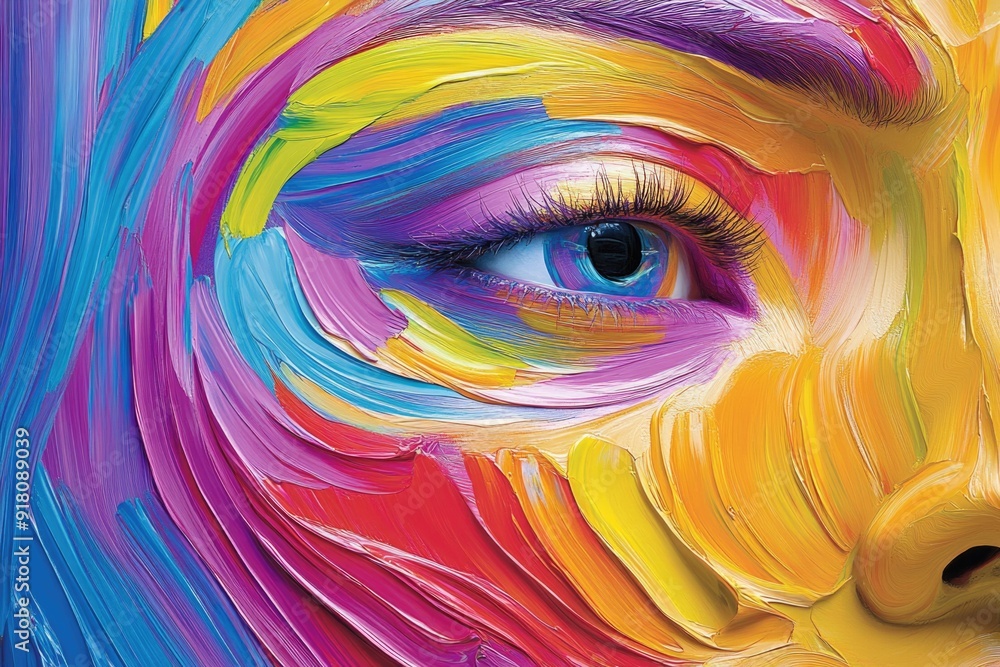 Poster bold brushstrokes create a striking abstract face with vivid colors and intriguing detail