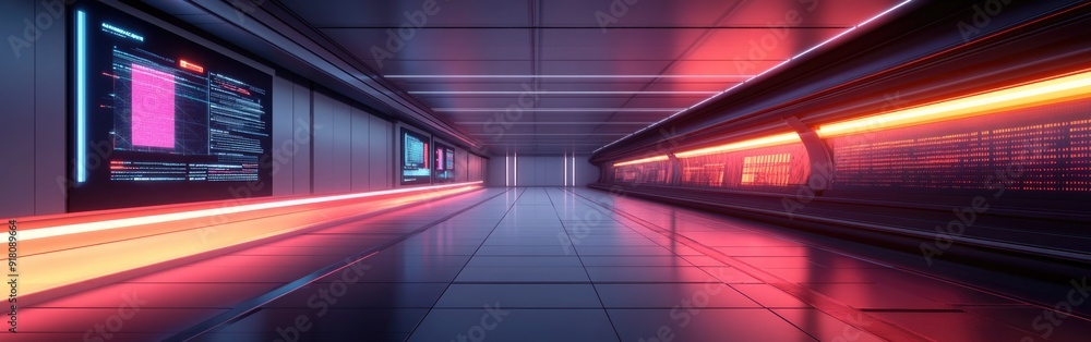 Poster a modern corridor illuminated by neon light with dynamic digital displays