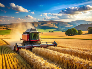 Fototapeta premium Rustic agricultural machine, a combine harvester, gathers golden wheat in a sun-kissed field, surrounded by rolling hills and a clear blue sky on a summer day.