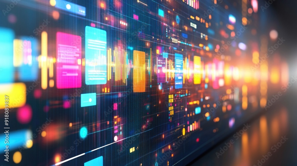 Poster bright data icons hover in a futuristic digital landscape with glowing colors