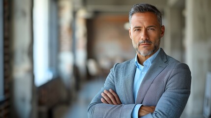 Confident man in a gray suit poses with arms crossed indoors in a modern urban setting