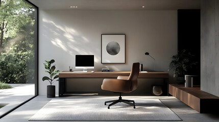 Minimalist home office with a desk, chair, and a view of nature.