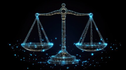 Futuristic justice scales connected by a digital network, symbolizing the modern integration of technology in the legal system.