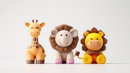 Naklejka premium Whimsical 3D Animal Toy Trio - Lion, Elephant, and Giraffe in Playful Group Setting