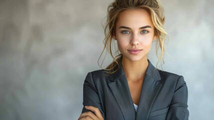 Confident young woman in a casual blazer poses against a neutral background in a contemporary setting