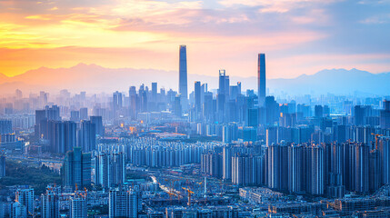 Naklejka premium Panoramic View of Vast Construction Site in China with Cranes and Machinery Building a New Urban Area Representing Rapid Development