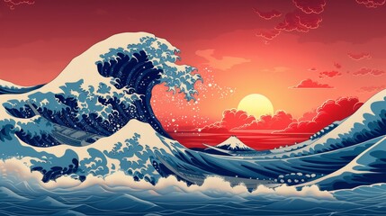 Vector Art of The Great Wave off Kanagawa in Red and Blue as a Seamless Pattern