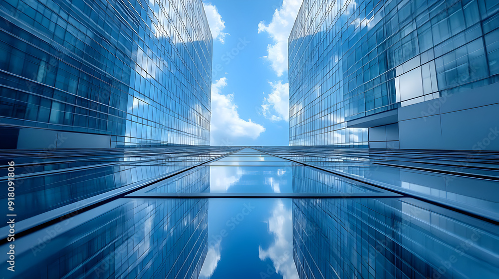 Poster Modern architecture with blue sky reflection.