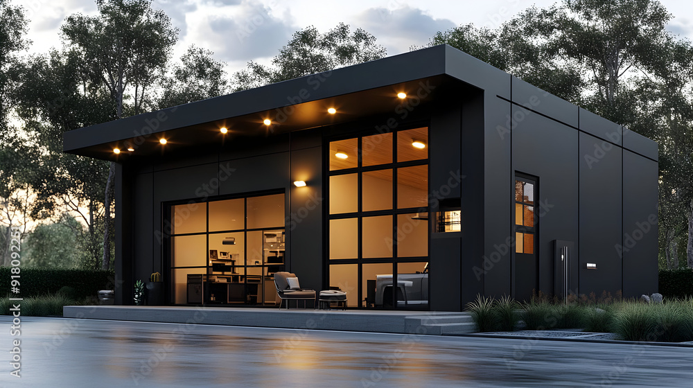 Poster Modern black house with large windows and outdoor seating.