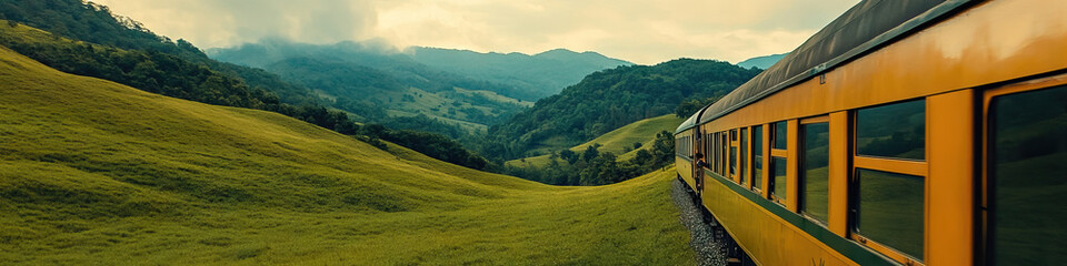 Obraz premium A peaceful train journey through rolling hills, offering travelers a much-needed break from the hustle and bustle.