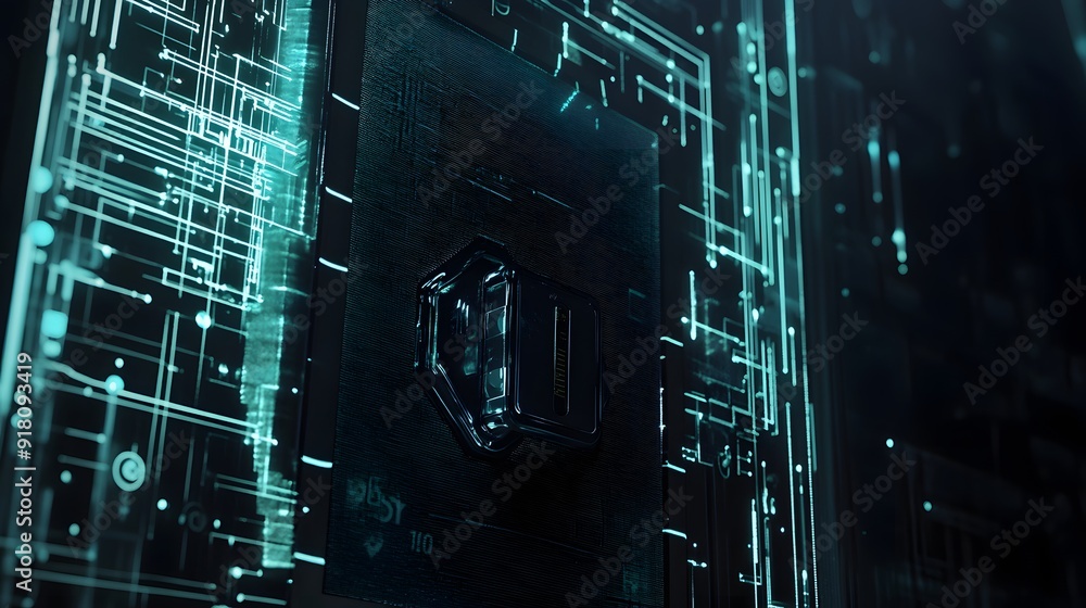 Aufkleber futuristic digital lock embedded in a circuit board design, showcasing advanced technology.