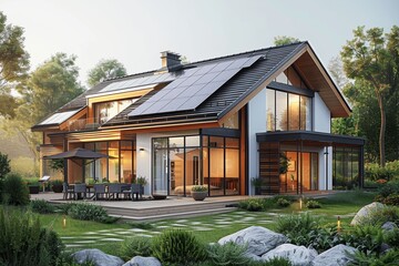 Modern Eco-Friendly House with Solar Panels in Summer Garden