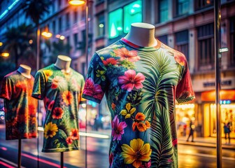 Vibrant casual t-shirts with tropical floral prints hang from a shop window, reflected in the glass surrounded by urban cityscape, neon lights, and concrete pavement.