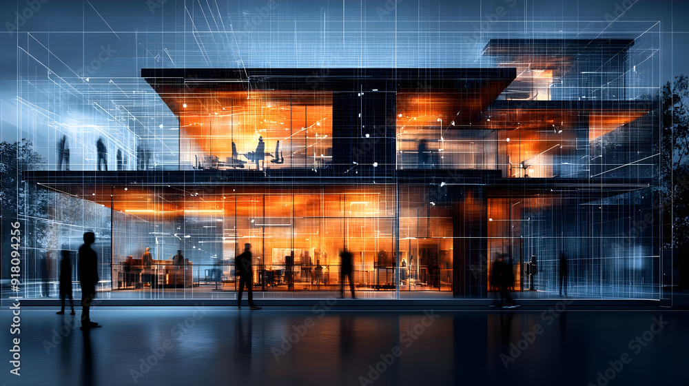 Poster modern building with glowing windows and digital overlay.