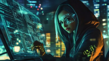 Naklejka premium A young female hacker works intensively on her computer with a cityscape in the background.