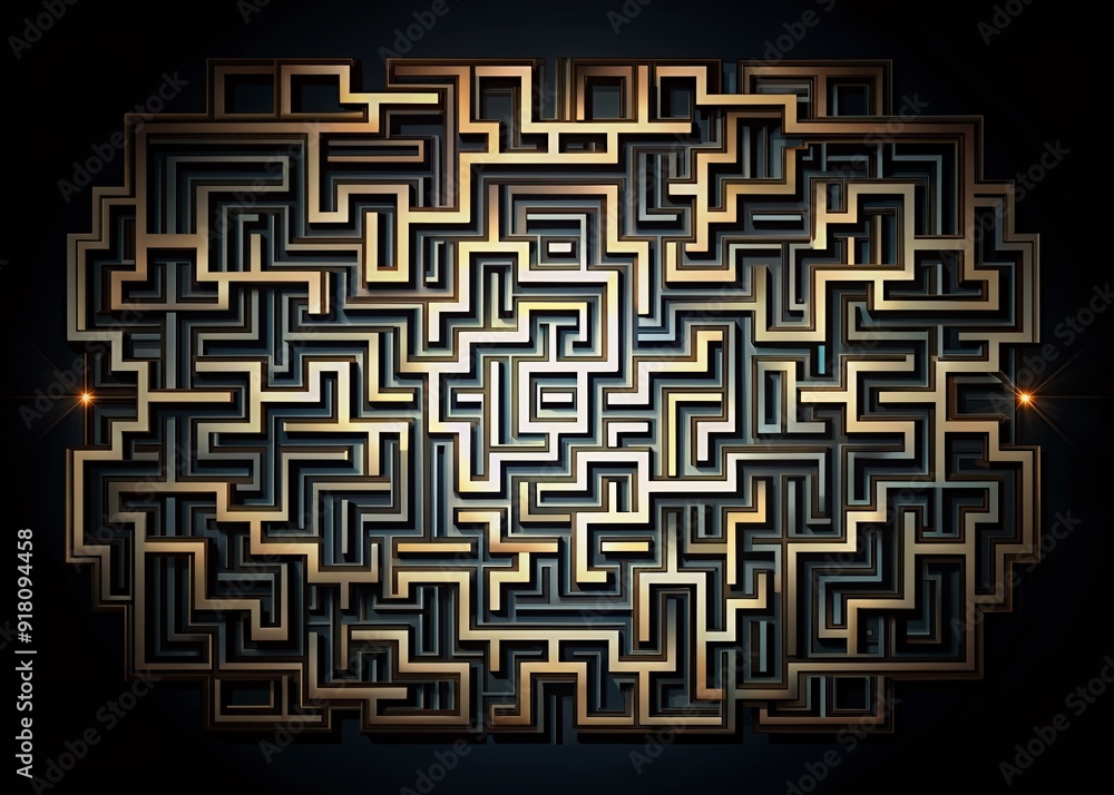 Poster intricate modern design composed of dark intersecting shapes and lines, forming a hypnotic maze-like