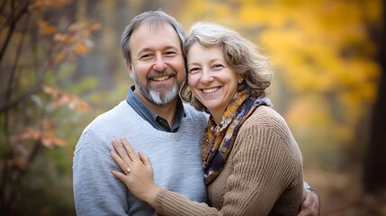 Happy middle-aged couple posing outdoors during autumn.