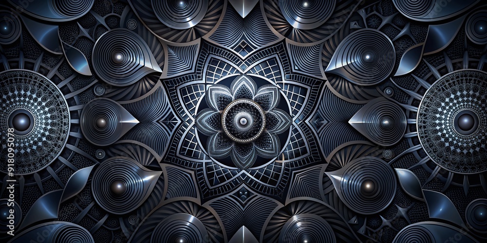 Poster modern minimalist design featuring intricate black geometric shapes and swirling patterns that creat