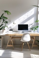 Sunny home office with plants, desk, chair, and computer