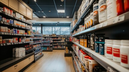 a GNC supplement store, with a few protein and kreatine products on the cashier