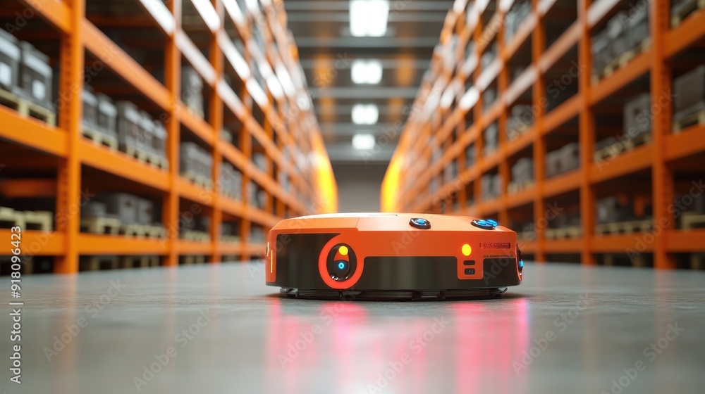 Poster modern warehouse with autonomous robots in action, streamlining operations and improving productivit