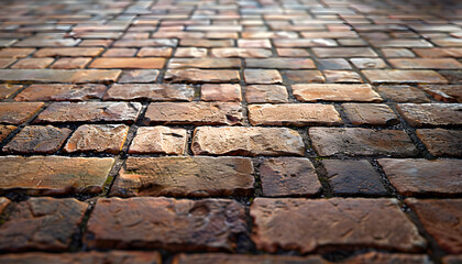 Close-up view of wet, rustic cobblestones, showcasing earthy tones and textures that evoke a historical ambiance.