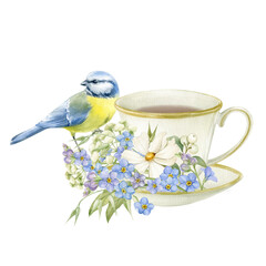 A cup of tea, a titmouse and a bouquet of wildflowers. Illustration is hand drawn in watercolor and isolated.