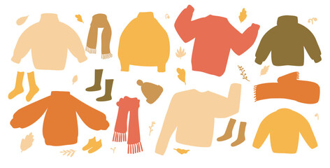 Set of cozy autumnal sweaters, scarves, socks, and warm accessories. Fall clothes kit. Vector hand drawn flat collection illustration isolated on white background.