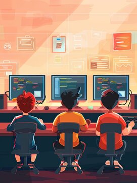 Computer class, kids coding and programming, flat design illustration