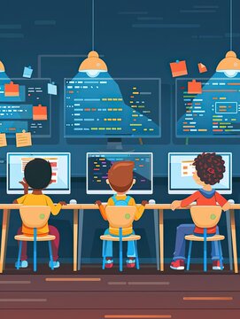 Computer class, kids coding and programming, flat design illustration
