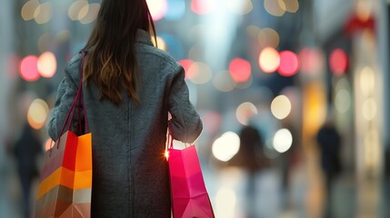 Fototapeta premium Urban Shopping Spree - Woman with Colorful Shopping Bags in Bustling Downtown District