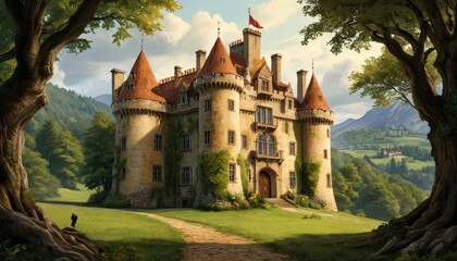 Fototapeta premium Majestic Castle in a Lush Forest Setting.
