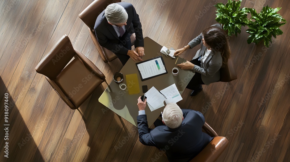 Poster business meeting with three professionals discussing strategies around a table from a high angle.