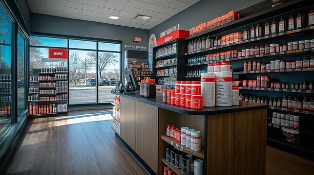 a GNC supplement store, with a few protein and kreatine products on the cashier