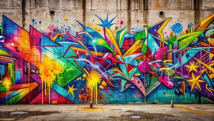 Fototapeta premium Vibrant splashes of colorful graffiti sprawl across a rough concrete wall, creating a dynamic abstract background with bold typography and playful geometric patterns.