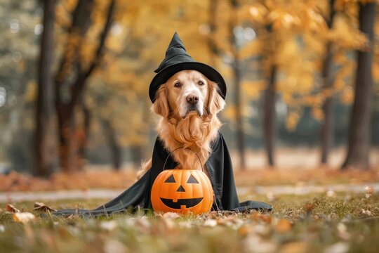 Golden Retriever dog dressed as witch with black cloak and hat holding pumpkin bucket on Halloween,