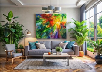 Vibrant living room with plush gray sofa, abstract colorful art piece hanging above, surrounded by lush green plants, exuding warmth and joyful atmosphere.