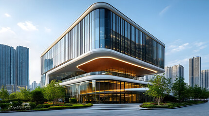 Fototapeta premium Modern glass building with curved lines and landscaping.