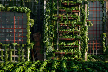 Lush green vertical gardens on modern buildings, showcasing thriving foliage amidst urban architecture.