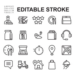 Collection of food delivery icons. Thin line style vector illustration. Contains icons such as pizza delivery, ratings, and more.